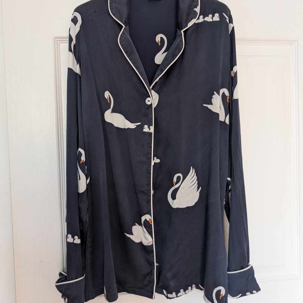 Olivia von Halle Lila Duet Swan Silk Pajama Set With Robe, Navy, SZ S/OS - Picture 4 of 16